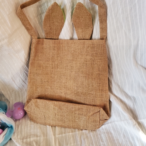 Burlap Cotton Lined Easter Basket Tote w Bunny Ears - Picture 5 of 6